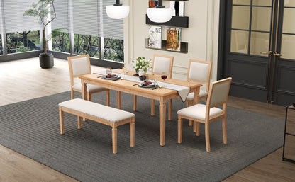 TREXM Vintage Extendable Dining Table Set for 6 with 4 Chairs & Bench, 59 to 72 - Inch Rustic Farmhouse Kitchen Table Set with Distressed Finish and Retro Carved Legs (Natural Wood Wash) - 1st Choice Furniture Direct