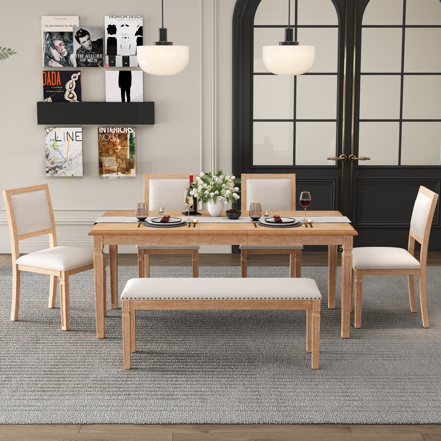 TREXM Vintage Extendable Dining Table Set for 6 with 4 Chairs & Bench, 59 to 72 - Inch Rustic Farmhouse Kitchen Table Set with Distressed Finish and Retro Carved Legs (Natural Wood Wash) - 1st Choice Furniture Direct