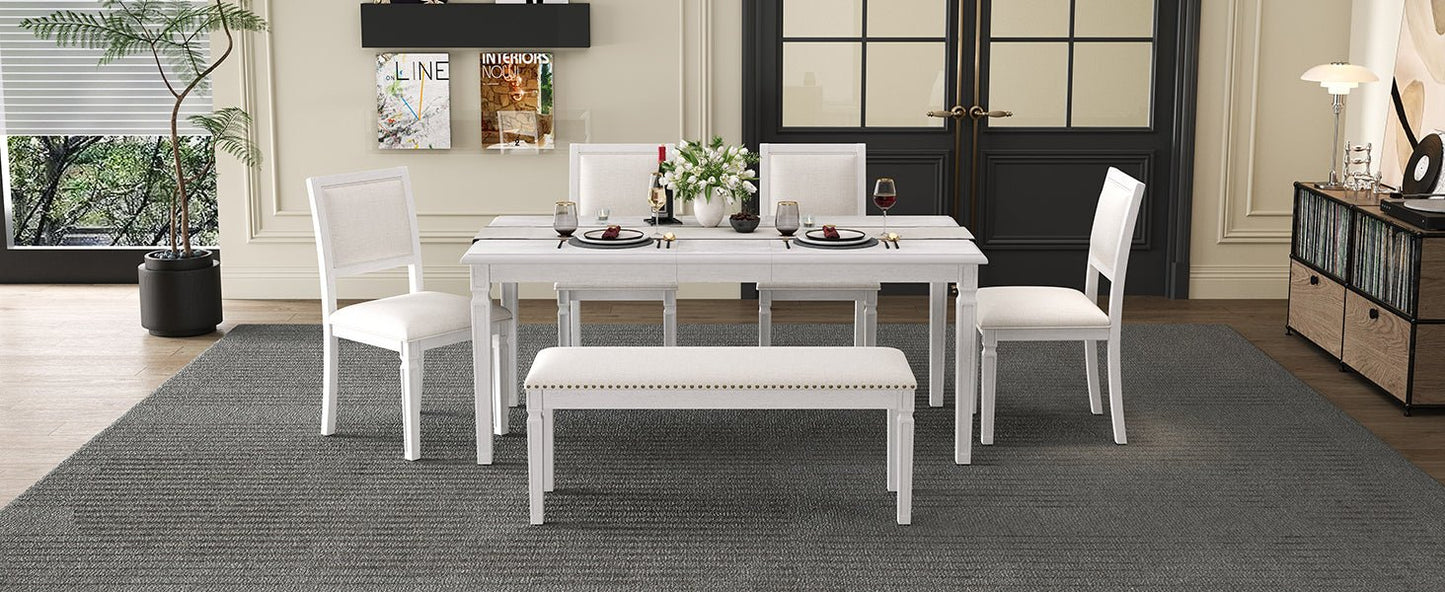 TREXM Vintage Extendable Dining Table Set for 6 with 4 Chairs & Bench, 59 to 72 - Inch Rustic Farmhouse Kitchen Table Set with Distressed Finish and Retro Carved Legs (Washed White) - 1st Choice Furniture Direct