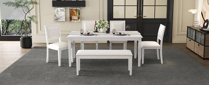 TREXM Vintage Extendable Dining Table Set for 6 with 4 Chairs & Bench, 59 to 72 - Inch Rustic Farmhouse Kitchen Table Set with Distressed Finish and Retro Carved Legs (Washed White) - 1st Choice Furniture Direct