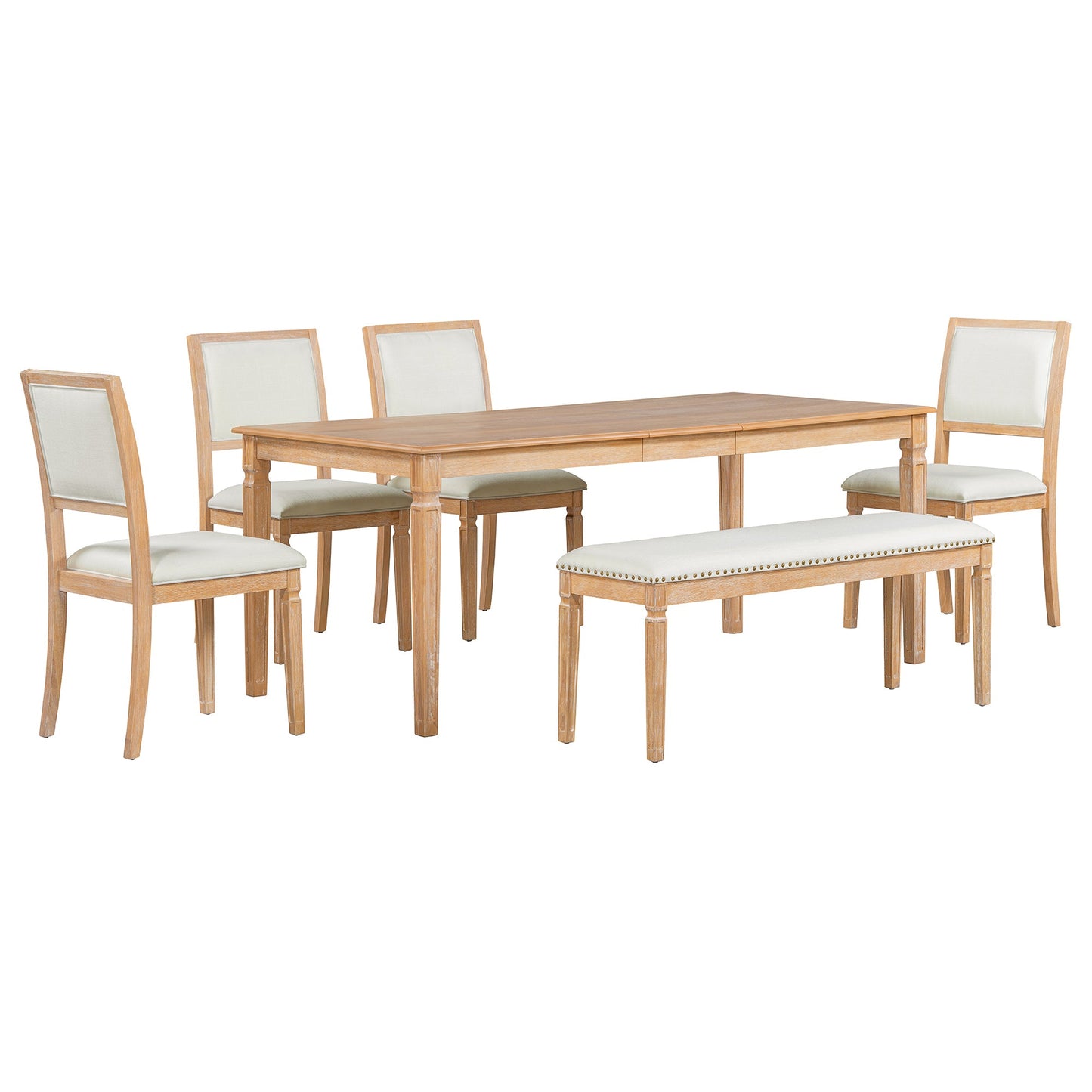 TREXM Vintage Extendable Dining Table Set for 6 with 4 Chairs & Bench, 59 to 72 - Inch Rustic Farmhouse Kitchen Table Set with Distressed Finish and Retro Carved Legs (Natural Wood Wash) - 1st Choice Furniture Direct