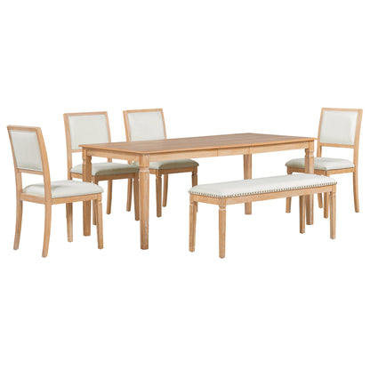 TREXM Vintage Extendable Dining Table Set for 6 with 4 Chairs & Bench, 59 to 72 - Inch Rustic Farmhouse Kitchen Table Set with Distressed Finish and Retro Carved Legs (Natural Wood Wash) - 1st Choice Furniture Direct