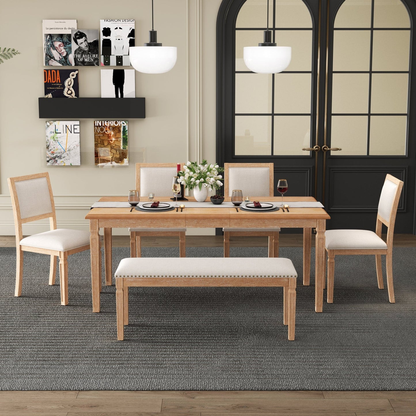 TREXM Vintage Extendable Dining Table Set for 6 with 4 Chairs & Bench, 59 to 72 - Inch Rustic Farmhouse Kitchen Table Set with Distressed Finish and Retro Carved Legs (Natural Wood Wash) - 1st Choice Furniture Direct