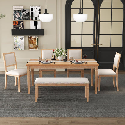 TREXM Vintage Extendable Dining Table Set for 6 with 4 Chairs & Bench, 59 to 72 - Inch Rustic Farmhouse Kitchen Table Set with Distressed Finish and Retro Carved Legs (Natural Wood Wash) - 1st Choice Furniture Direct