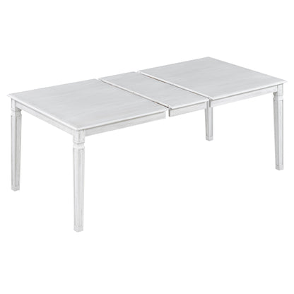 TREXM Vintage Extendable Dining Table Set for 6 with 4 Chairs & Bench, 59 to 72 - Inch Rustic Farmhouse Kitchen Table Set with Distressed Finish and Retro Carved Legs (Washed White) - 1st Choice Furniture Direct