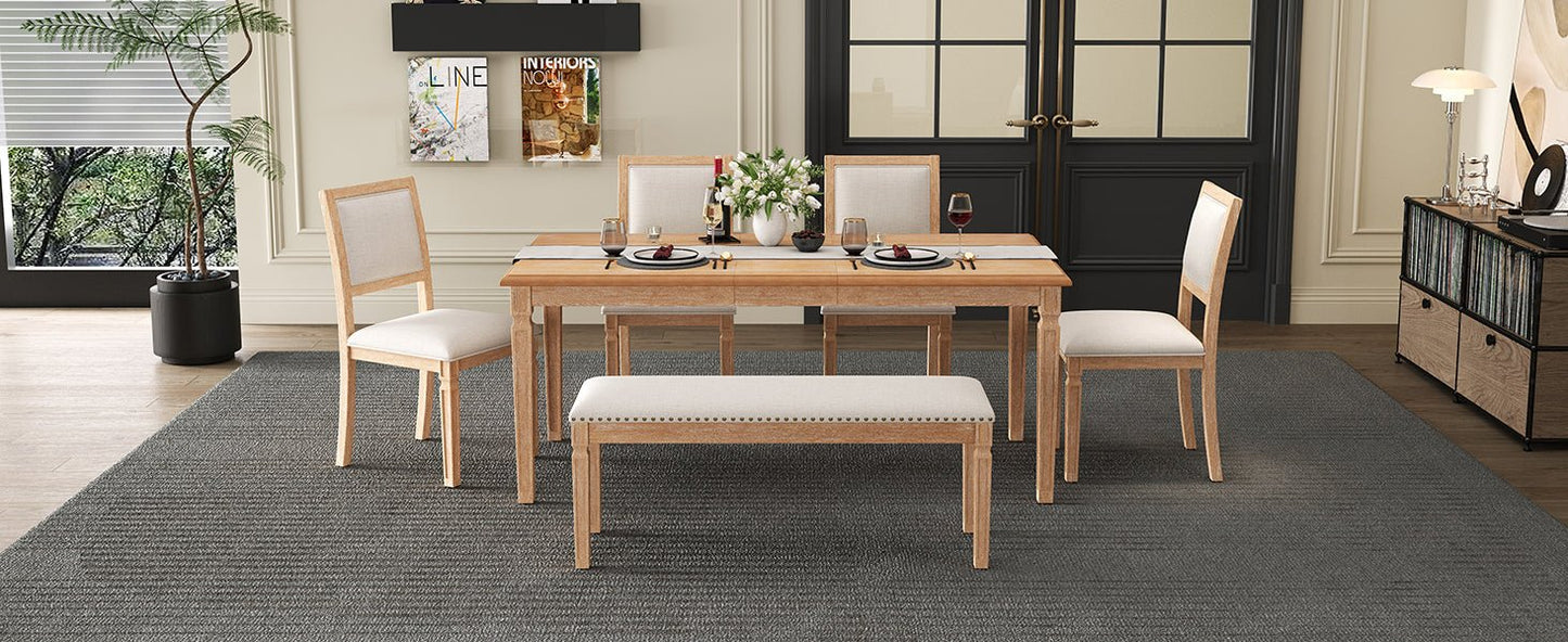 TREXM Vintage Extendable Dining Table Set for 6 with 4 Chairs & Bench, 59 to 72 - Inch Rustic Farmhouse Kitchen Table Set with Distressed Finish and Retro Carved Legs (Natural Wood Wash) - 1st Choice Furniture Direct