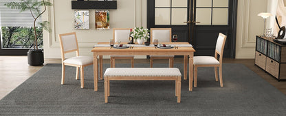 TREXM Vintage Extendable Dining Table Set for 6 with 4 Chairs & Bench, 59 to 72 - Inch Rustic Farmhouse Kitchen Table Set with Distressed Finish and Retro Carved Legs (Natural Wood Wash) - 1st Choice Furniture Direct