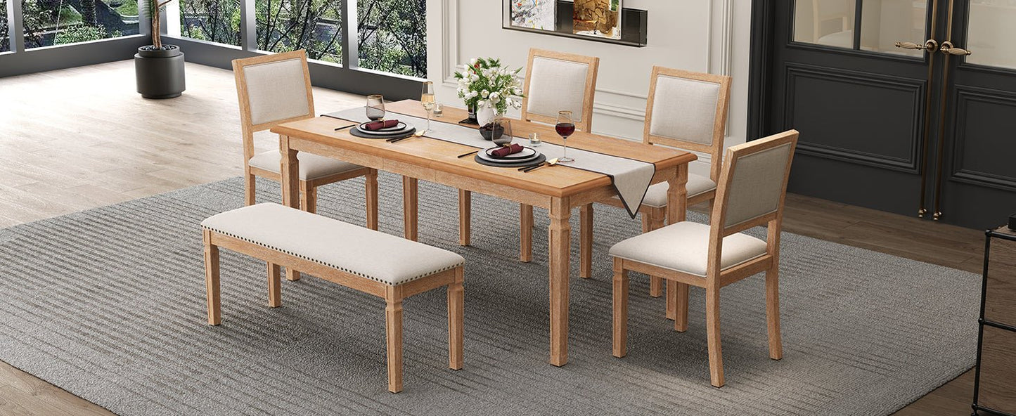 TREXM Vintage Extendable Dining Table Set for 6 with 4 Chairs & Bench, 59 to 72 - Inch Rustic Farmhouse Kitchen Table Set with Distressed Finish and Retro Carved Legs (Natural Wood Wash) - 1st Choice Furniture Direct