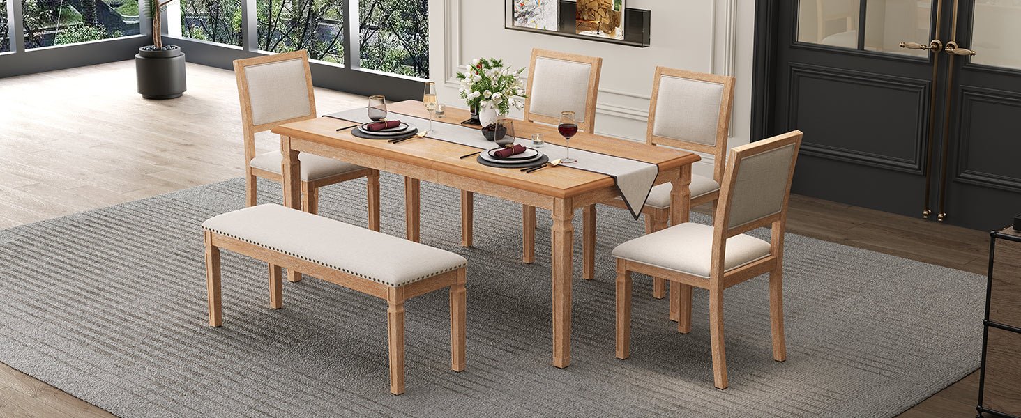 TREXM Vintage Extendable Dining Table Set for 6 with 4 Chairs & Bench, 59 to 72 - Inch Rustic Farmhouse Kitchen Table Set with Distressed Finish and Retro Carved Legs (Natural Wood Wash) - 1st Choice Furniture Direct