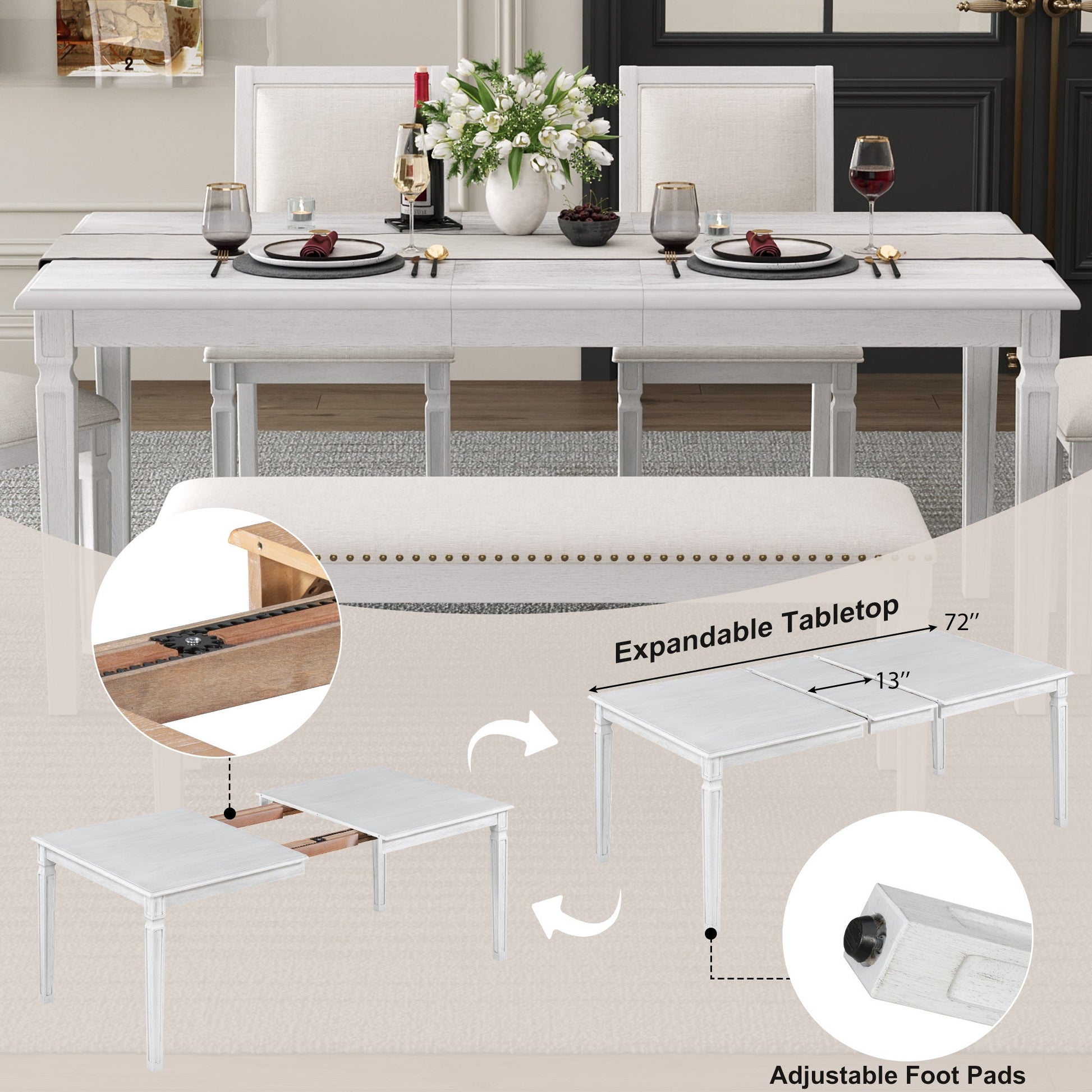 TREXM Vintage Extendable Dining Table Set for 6 with 4 Chairs & Bench, 59 to 72 - Inch Rustic Farmhouse Kitchen Table Set with Distressed Finish and Retro Carved Legs (Washed White) - 1st Choice Furniture Direct