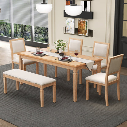TREXM Vintage Extendable Dining Table Set for 6 with 4 Chairs & Bench, 59 to 72 - Inch Rustic Farmhouse Kitchen Table Set with Distressed Finish and Retro Carved Legs (Natural Wood Wash) - 1st Choice Furniture Direct