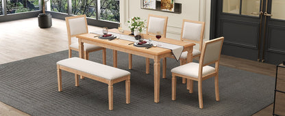 TREXM Vintage Extendable Dining Table Set for 6 with 4 Chairs & Bench, 59 to 72 - Inch Rustic Farmhouse Kitchen Table Set with Distressed Finish and Retro Carved Legs (Natural Wood Wash) - 1st Choice Furniture Direct