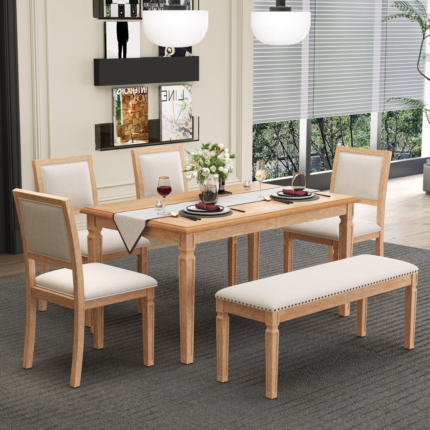 TREXM Vintage Extendable Dining Table Set for 6 with 4 Chairs & Bench, 59 to 72 - Inch Rustic Farmhouse Kitchen Table Set with Distressed Finish and Retro Carved Legs (Natural Wood Wash) - 1st Choice Furniture Direct
