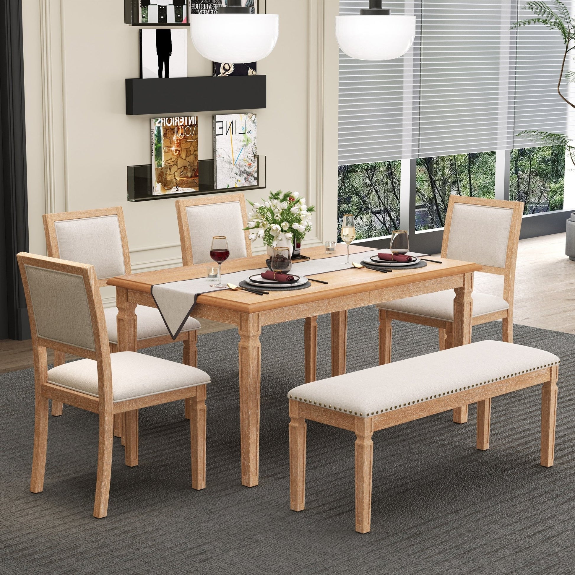 TREXM Vintage Extendable Dining Table Set for 6 with 4 Chairs & Bench, 59 to 72 - Inch Rustic Farmhouse Kitchen Table Set with Distressed Finish and Retro Carved Legs (Natural Wood Wash) - 1st Choice Furniture Direct
