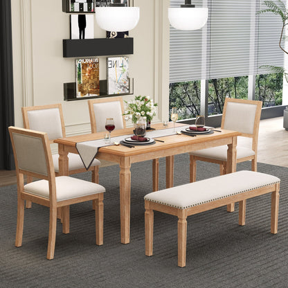 TREXM Vintage Extendable Dining Table Set for 6 with 4 Chairs & Bench, 59 to 72 - Inch Rustic Farmhouse Kitchen Table Set with Distressed Finish and Retro Carved Legs (Natural Wood Wash) - 1st Choice Furniture Direct