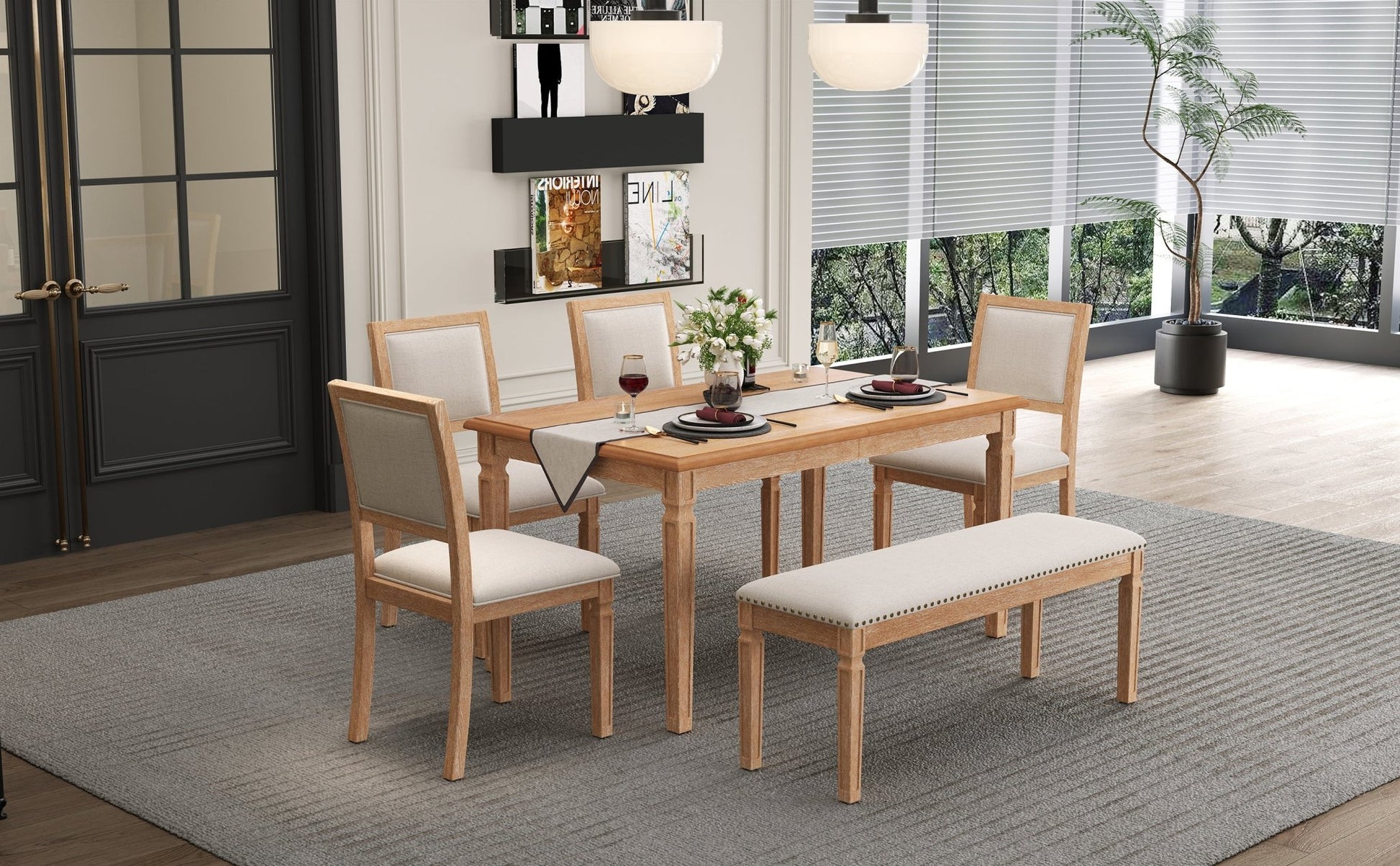 TREXM Vintage Extendable Dining Table Set for 6 with 4 Chairs & Bench, 59 to 72 - Inch Rustic Farmhouse Kitchen Table Set with Distressed Finish and Retro Carved Legs (Natural Wood Wash) - 1st Choice Furniture Direct