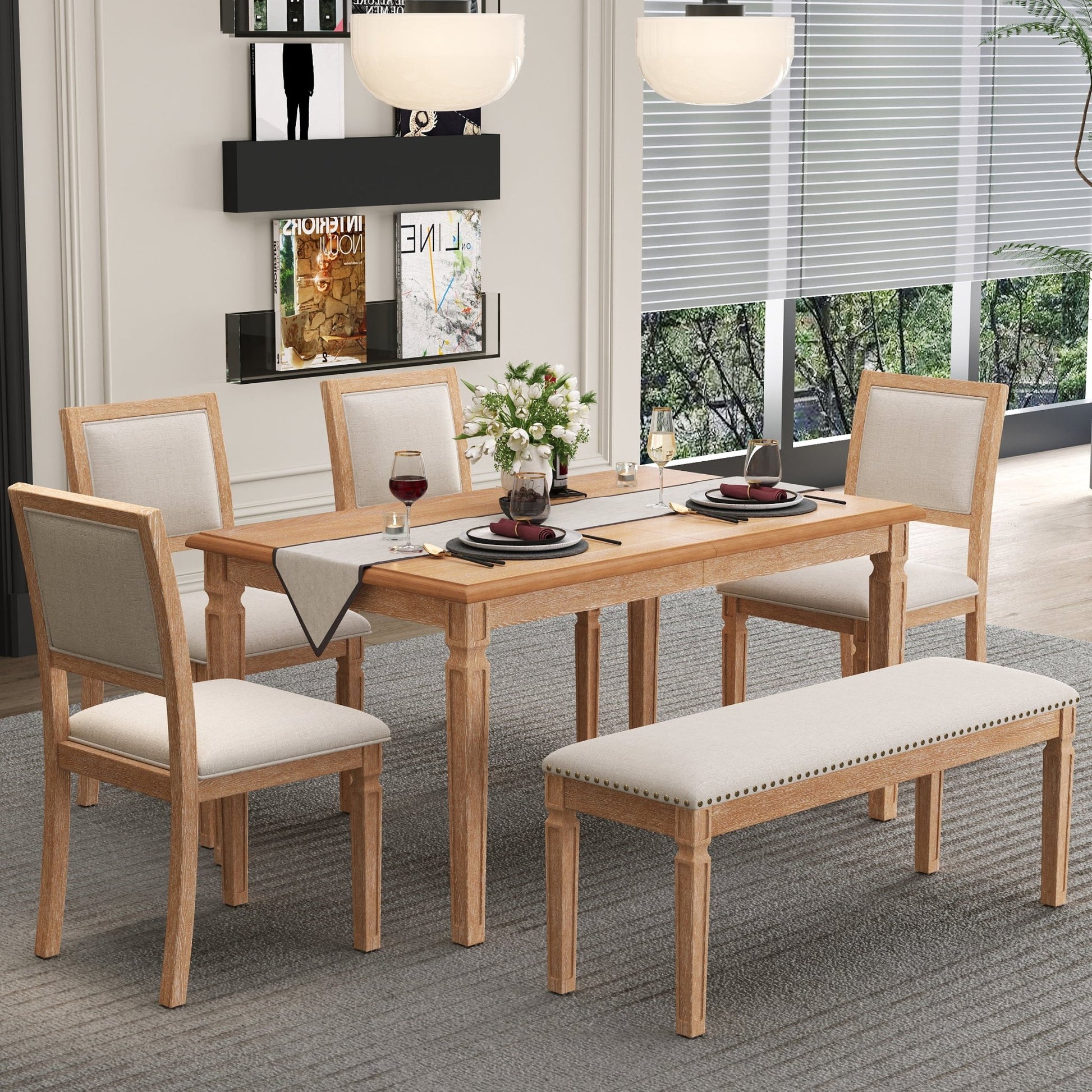 TREXM Vintage Extendable Dining Table Set for 6 with 4 Chairs & Bench, 59 to 72 - Inch Rustic Farmhouse Kitchen Table Set with Distressed Finish and Retro Carved Legs (Natural Wood Wash) - 1st Choice Furniture Direct