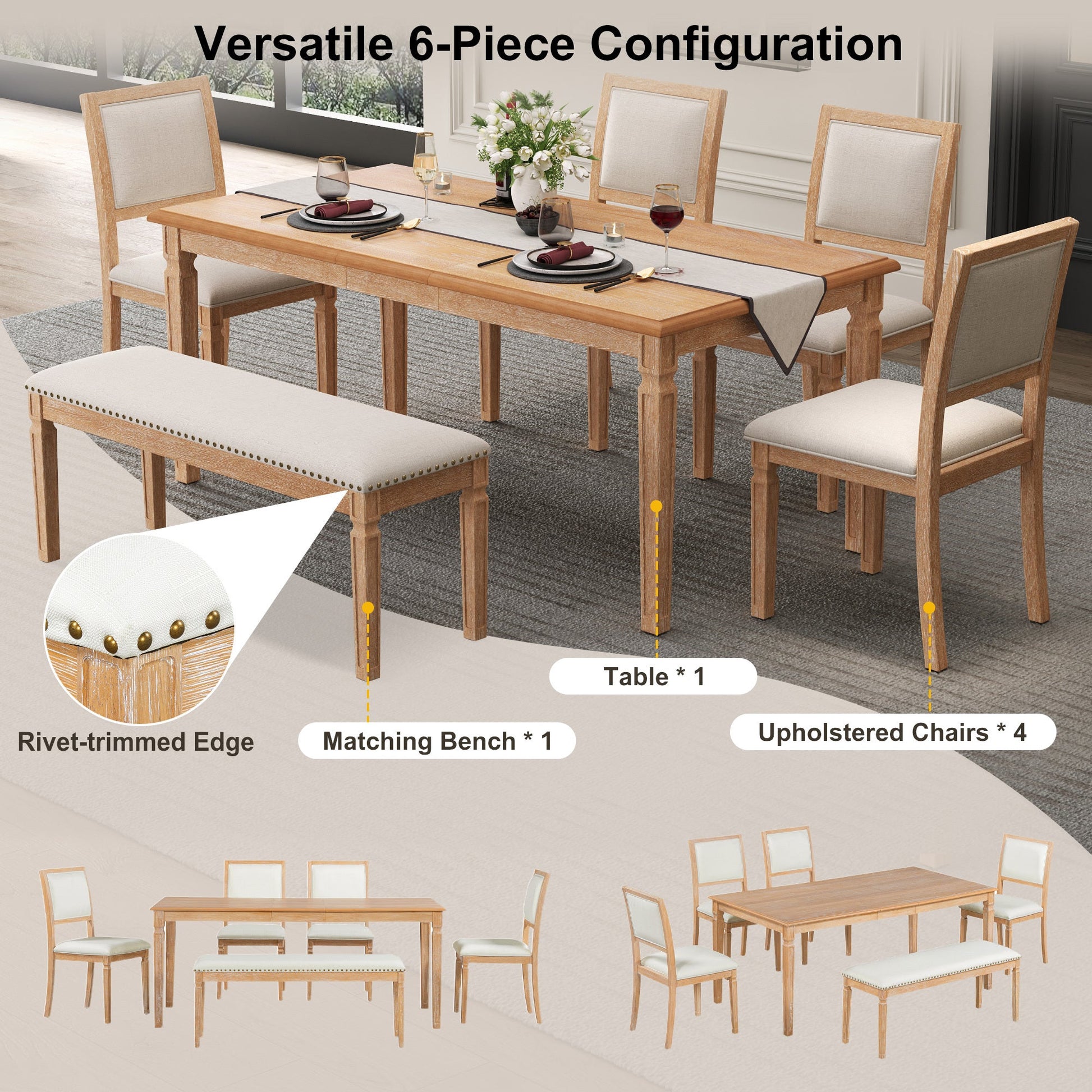 TREXM Vintage Extendable Dining Table Set for 6 with 4 Chairs & Bench, 59 to 72 - Inch Rustic Farmhouse Kitchen Table Set with Distressed Finish and Retro Carved Legs (Natural Wood Wash) - 1st Choice Furniture Direct