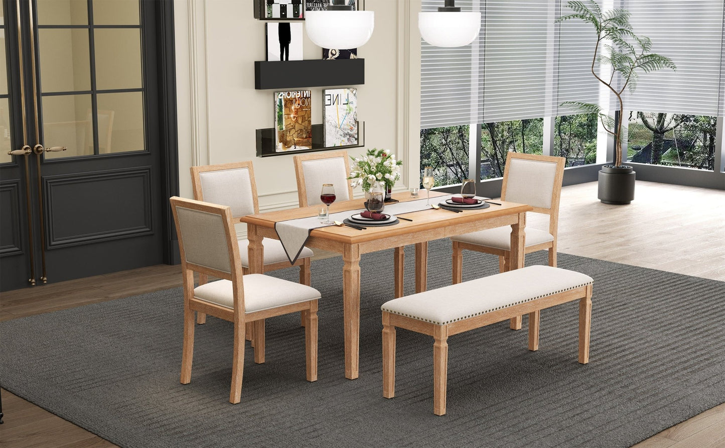 TREXM Vintage Extendable Dining Table Set for 6 with 4 Chairs & Bench, 59 to 72 - Inch Rustic Farmhouse Kitchen Table Set with Distressed Finish and Retro Carved Legs (Natural Wood Wash) - 1st Choice Furniture Direct