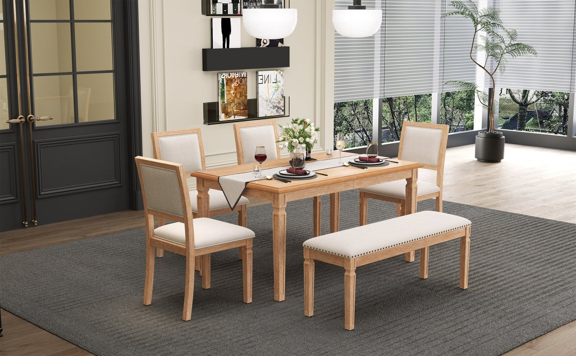 TREXM Vintage Extendable Dining Table Set for 6 with 4 Chairs & Bench, 59 to 72 - Inch Rustic Farmhouse Kitchen Table Set with Distressed Finish and Retro Carved Legs (Natural Wood Wash) - 1st Choice Furniture Direct