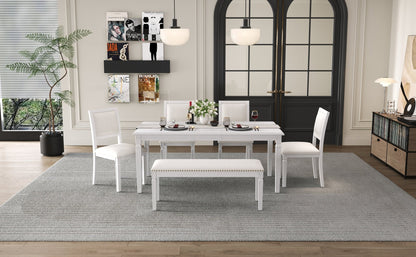 TREXM Vintage Extendable Dining Table Set for 6 with 4 Chairs & Bench, 59 to 72 - Inch Rustic Farmhouse Kitchen Table Set with Distressed Finish and Retro Carved Legs (Washed White) - 1st Choice Furniture Direct
