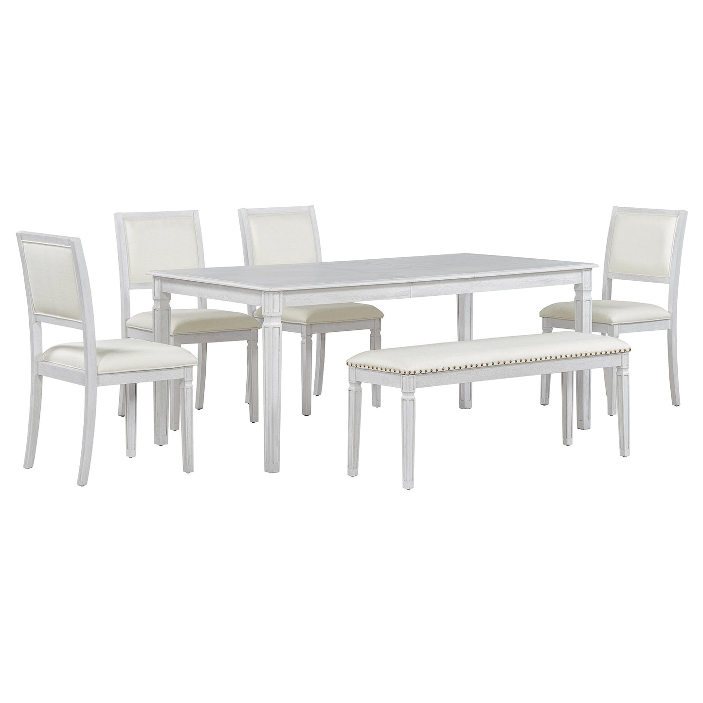 TREXM Vintage Extendable Dining Table Set for 6 with 4 Chairs & Bench, 59 to 72 - Inch Rustic Farmhouse Kitchen Table Set with Distressed Finish and Retro Carved Legs (Washed White) - 1st Choice Furniture Direct
