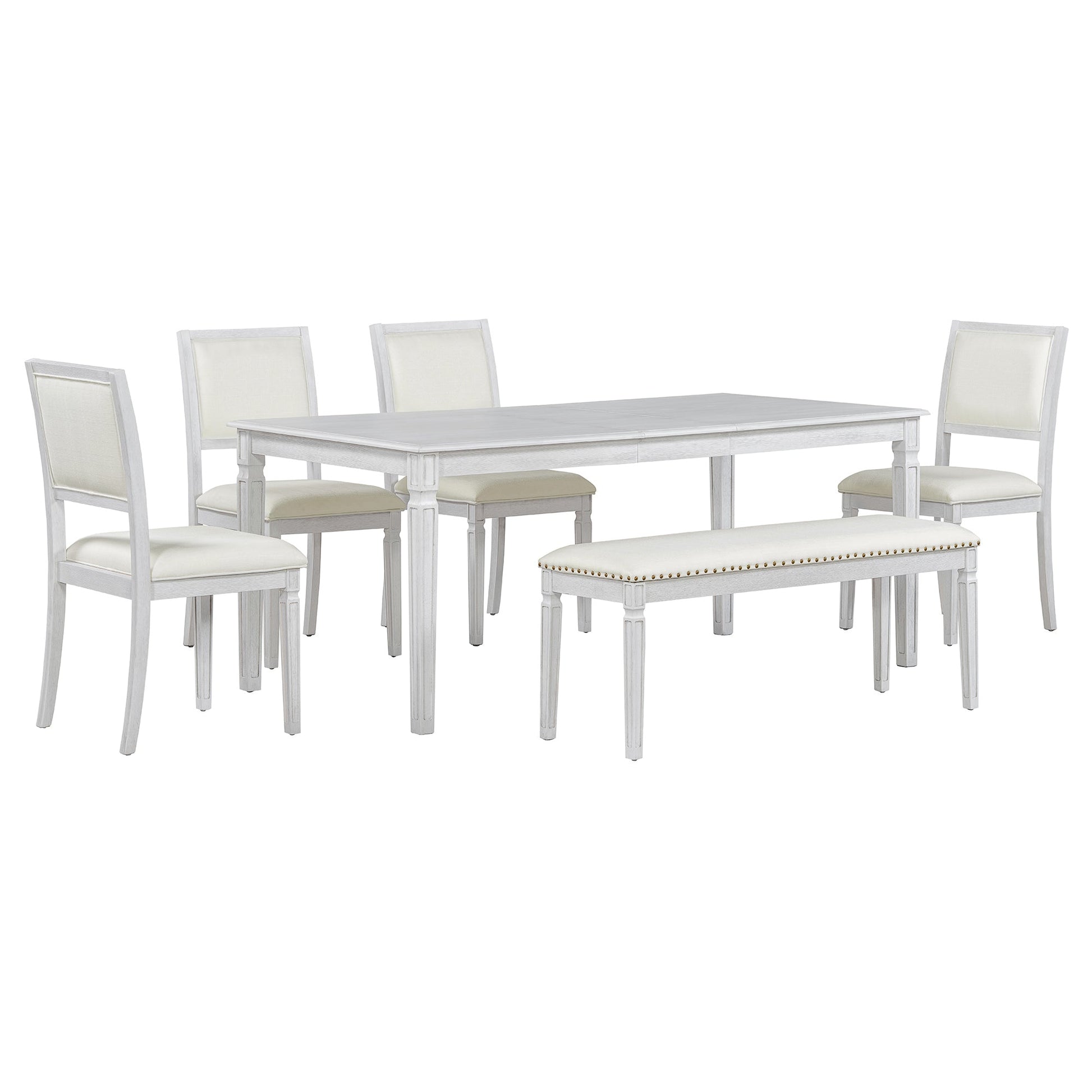 TREXM Vintage Extendable Dining Table Set for 6 with 4 Chairs & Bench, 59 to 72 - Inch Rustic Farmhouse Kitchen Table Set with Distressed Finish and Retro Carved Legs (Washed White) - 1st Choice Furniture Direct