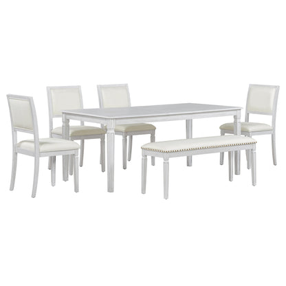 TREXM Vintage Extendable Dining Table Set for 6 with 4 Chairs & Bench, 59 to 72 - Inch Rustic Farmhouse Kitchen Table Set with Distressed Finish and Retro Carved Legs (Washed White) - 1st Choice Furniture Direct