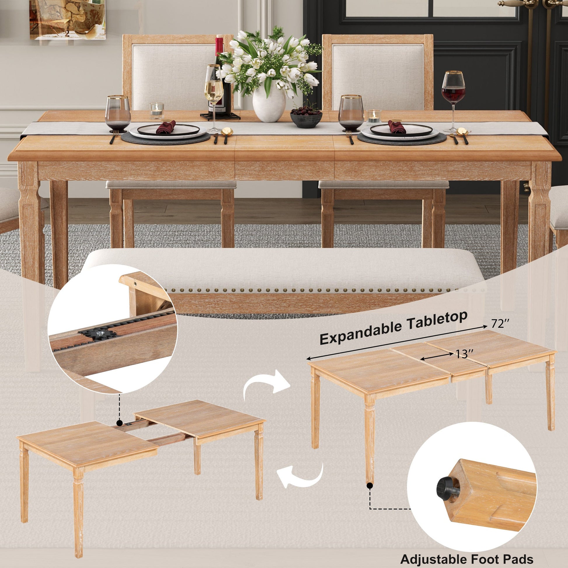 TREXM Vintage Extendable Dining Table Set for 6 with 4 Chairs & Bench, 59 to 72 - Inch Rustic Farmhouse Kitchen Table Set with Distressed Finish and Retro Carved Legs (Natural Wood Wash) - 1st Choice Furniture Direct