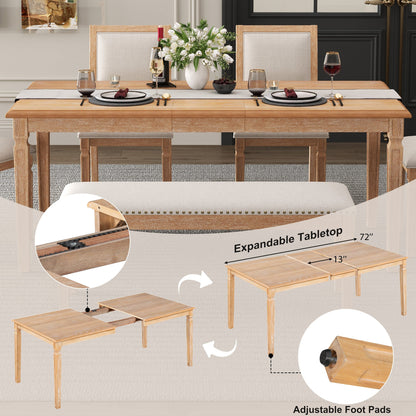 TREXM Vintage Extendable Dining Table Set for 6 with 4 Chairs & Bench, 59 to 72 - Inch Rustic Farmhouse Kitchen Table Set with Distressed Finish and Retro Carved Legs (Natural Wood Wash) - 1st Choice Furniture Direct