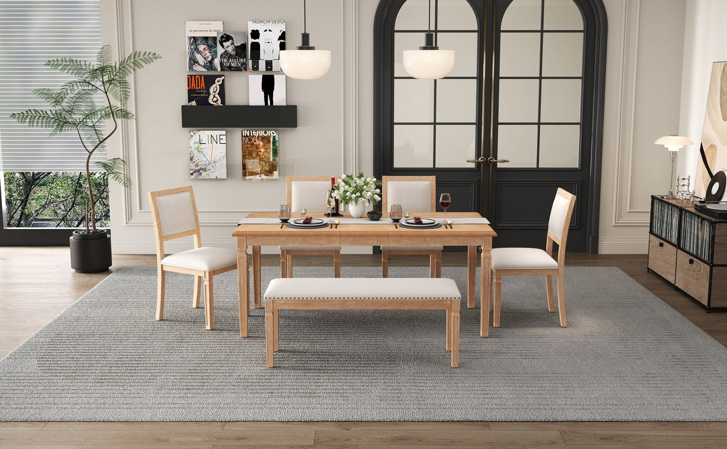 TREXM Vintage Extendable Dining Table Set for 6 with 4 Chairs & Bench, 59 to 72 - Inch Rustic Farmhouse Kitchen Table Set with Distressed Finish and Retro Carved Legs (Natural Wood Wash) - 1st Choice Furniture Direct