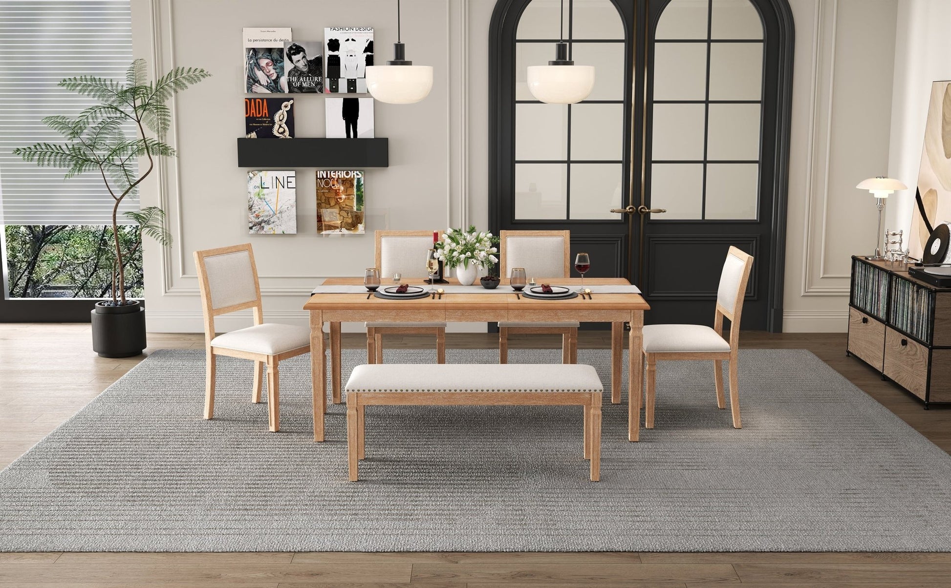 TREXM Vintage Extendable Dining Table Set for 6 with 4 Chairs & Bench, 59 to 72 - Inch Rustic Farmhouse Kitchen Table Set with Distressed Finish and Retro Carved Legs (Natural Wood Wash) - 1st Choice Furniture Direct
