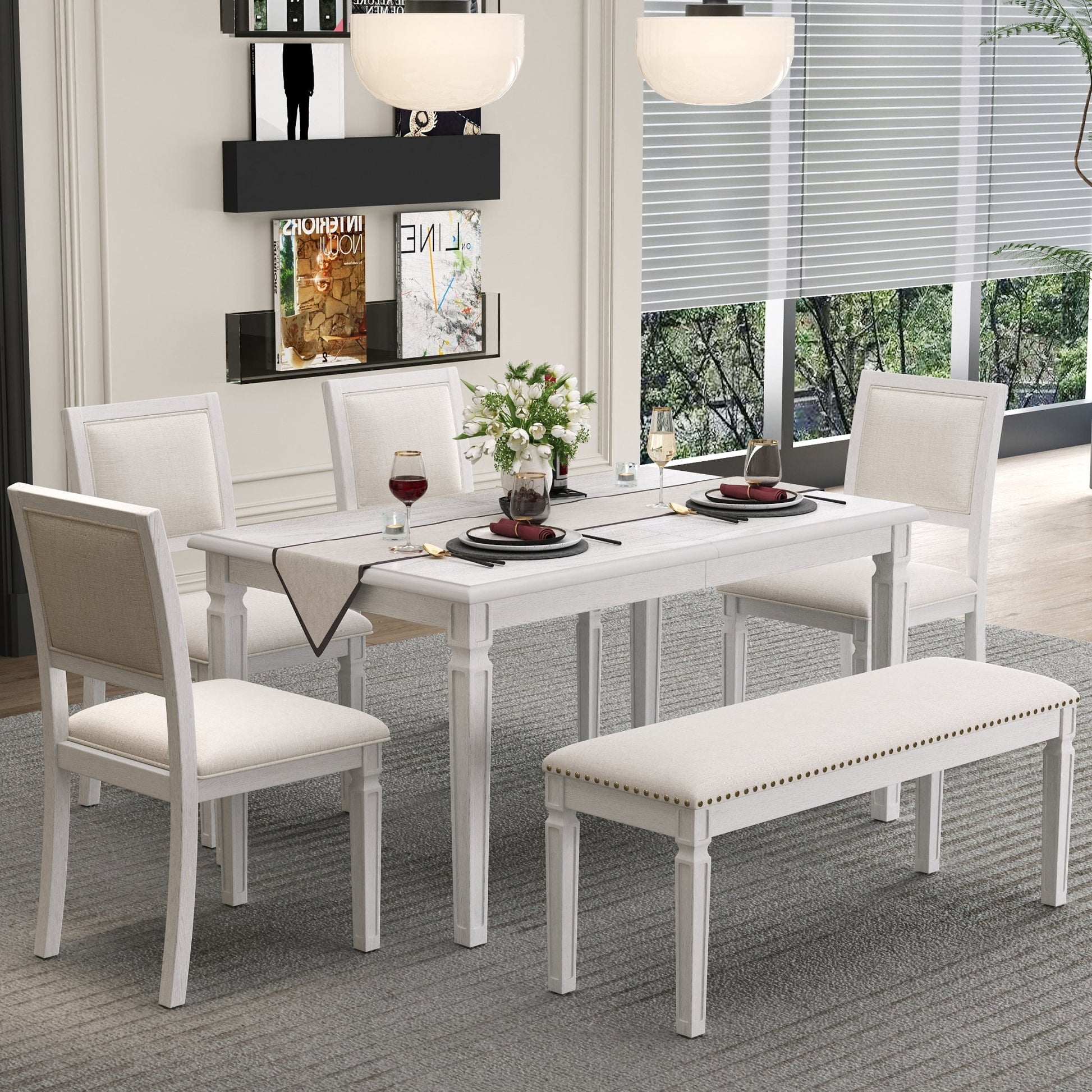 TREXM Vintage Extendable Dining Table Set for 6 with 4 Chairs & Bench, 59 to 72 - Inch Rustic Farmhouse Kitchen Table Set with Distressed Finish and Retro Carved Legs (Washed White) - 1st Choice Furniture Direct