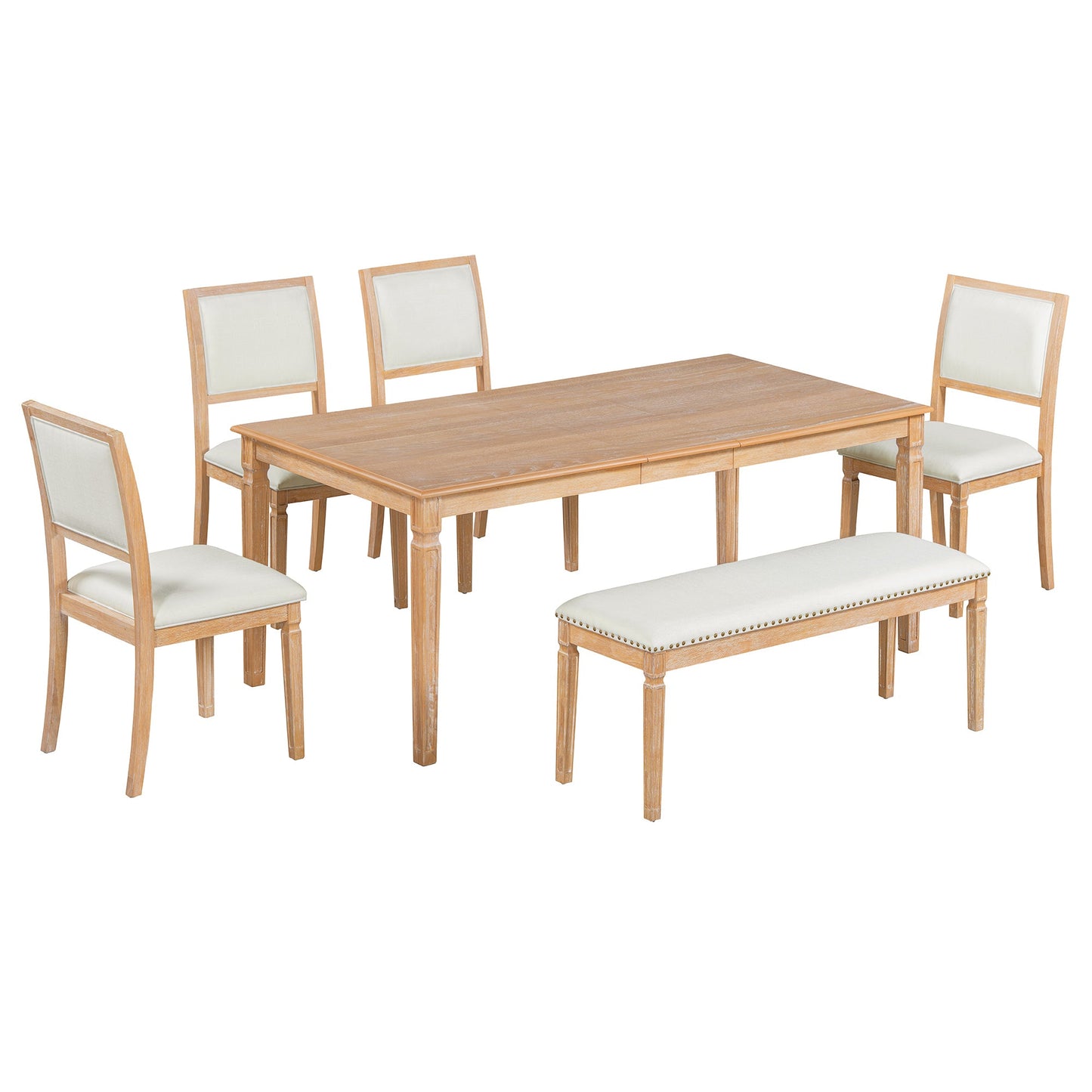 TREXM Vintage Extendable Dining Table Set for 6 with 4 Chairs & Bench, 59 to 72 - Inch Rustic Farmhouse Kitchen Table Set with Distressed Finish and Retro Carved Legs (Natural Wood Wash) - 1st Choice Furniture Direct