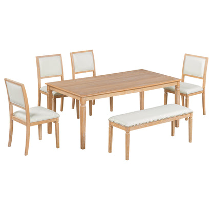 TREXM Vintage Extendable Dining Table Set for 6 with 4 Chairs & Bench, 59 to 72 - Inch Rustic Farmhouse Kitchen Table Set with Distressed Finish and Retro Carved Legs (Natural Wood Wash) - 1st Choice Furniture Direct