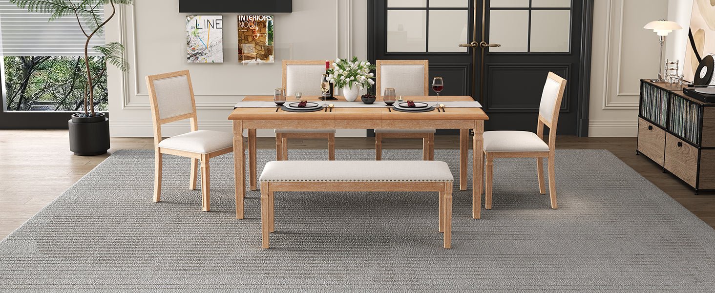 TREXM Vintage Extendable Dining Table Set for 6 with 4 Chairs & Bench, 59 to 72 - Inch Rustic Farmhouse Kitchen Table Set with Distressed Finish and Retro Carved Legs (Natural Wood Wash) - 1st Choice Furniture Direct