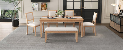TREXM Vintage Extendable Dining Table Set for 6 with 4 Chairs & Bench, 59 to 72 - Inch Rustic Farmhouse Kitchen Table Set with Distressed Finish and Retro Carved Legs (Natural Wood Wash) - 1st Choice Furniture Direct
