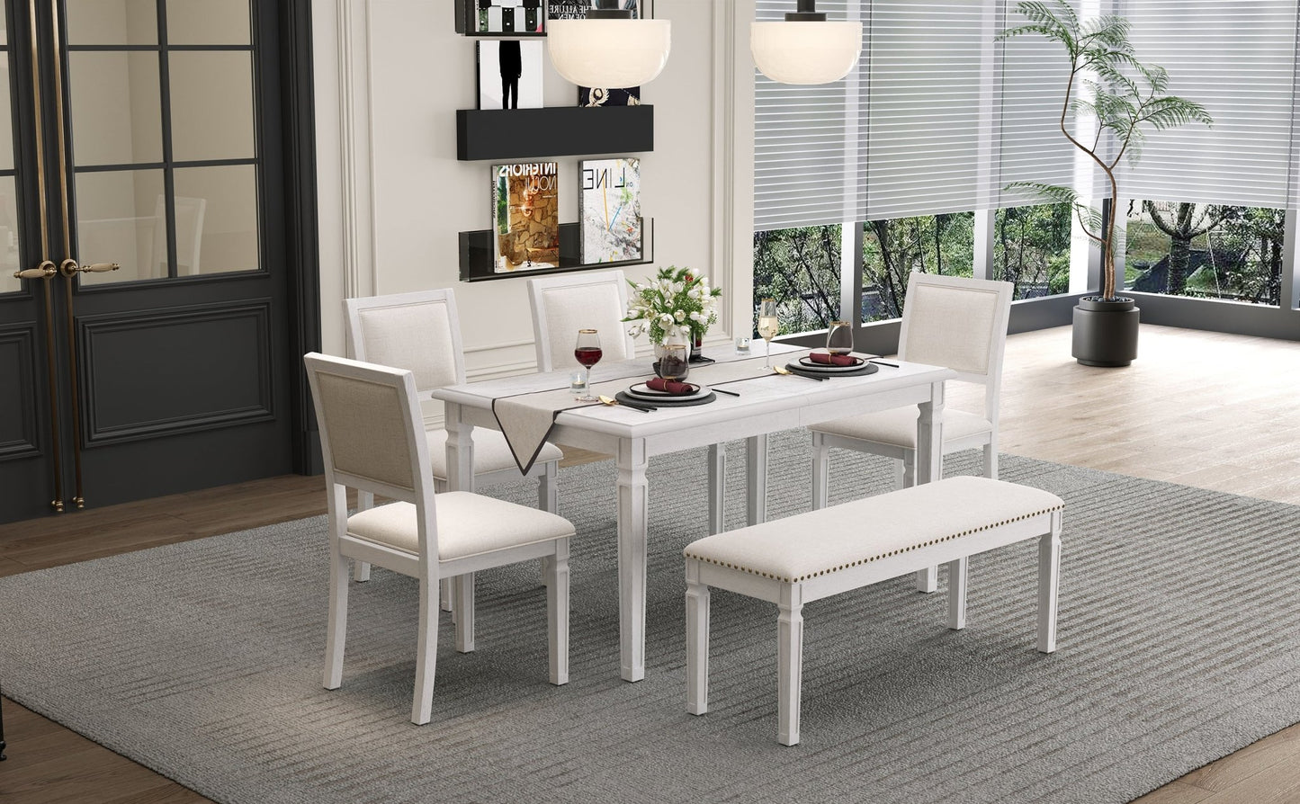 TREXM Vintage Extendable Dining Table Set for 6 with 4 Chairs & Bench, 59 to 72 - Inch Rustic Farmhouse Kitchen Table Set with Distressed Finish and Retro Carved Legs (Washed White) - 1st Choice Furniture Direct