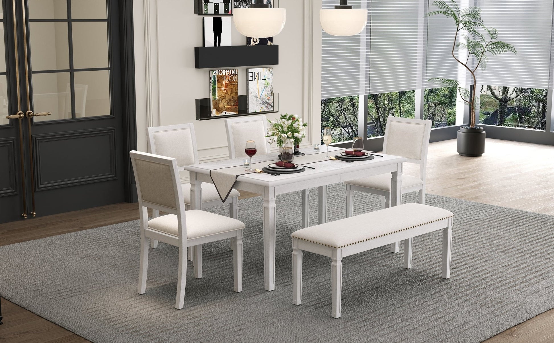TREXM Vintage Extendable Dining Table Set for 6 with 4 Chairs & Bench, 59 to 72 - Inch Rustic Farmhouse Kitchen Table Set with Distressed Finish and Retro Carved Legs (Washed White) - 1st Choice Furniture Direct