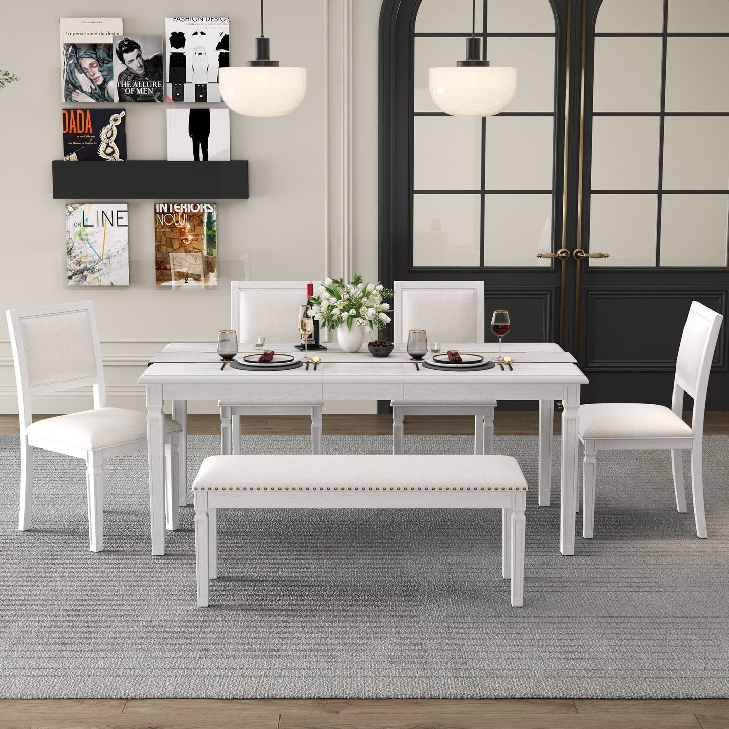 TREXM Vintage Extendable Dining Table Set for 6 with 4 Chairs & Bench, 59 to 72 - Inch Rustic Farmhouse Kitchen Table Set with Distressed Finish and Retro Carved Legs (Washed White) - 1st Choice Furniture Direct
