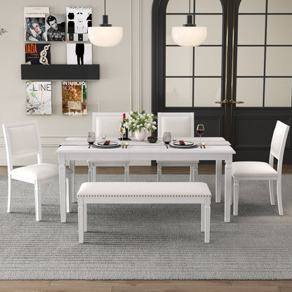 TREXM Vintage Extendable Dining Table Set for 6 with 4 Chairs & Bench, 59 to 72 - Inch Rustic Farmhouse Kitchen Table Set with Distressed Finish and Retro Carved Legs (Washed White) - 1st Choice Furniture Direct