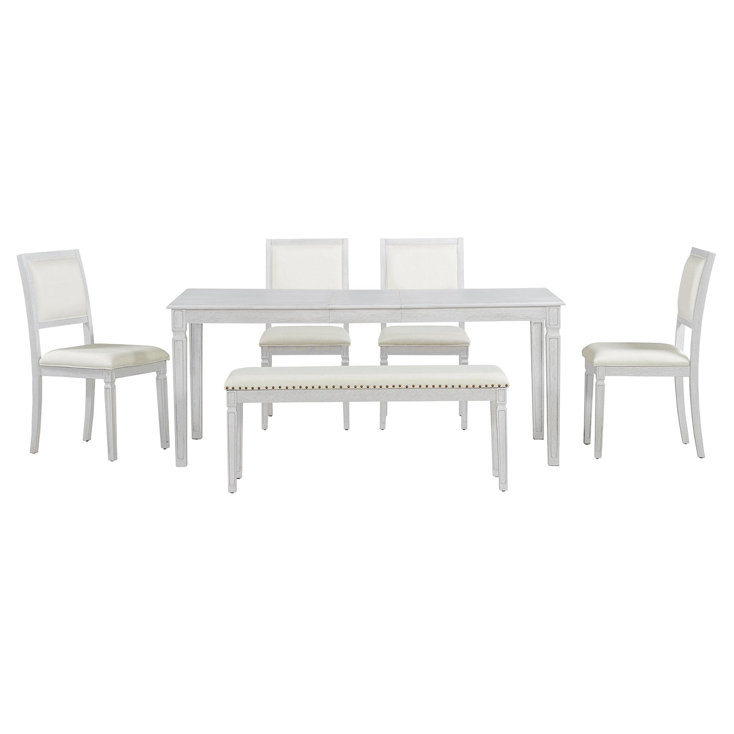 TREXM Vintage Extendable Dining Table Set for 6 with 4 Chairs & Bench, 59 to 72 - Inch Rustic Farmhouse Kitchen Table Set with Distressed Finish and Retro Carved Legs (Washed White) - 1st Choice Furniture Direct