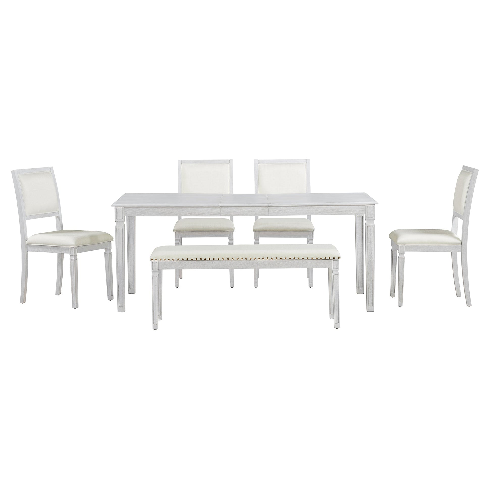 TREXM Vintage Extendable Dining Table Set for 6 with 4 Chairs & Bench, 59 to 72 - Inch Rustic Farmhouse Kitchen Table Set with Distressed Finish and Retro Carved Legs (Washed White) - 1st Choice Furniture Direct