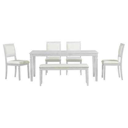 TREXM Vintage Extendable Dining Table Set for 6 with 4 Chairs & Bench, 59 to 72 - Inch Rustic Farmhouse Kitchen Table Set with Distressed Finish and Retro Carved Legs (Washed White) - 1st Choice Furniture Direct
