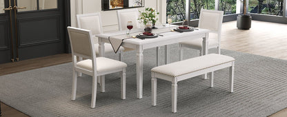 TREXM Vintage Extendable Dining Table Set for 6 with 4 Chairs & Bench, 59 to 72 - Inch Rustic Farmhouse Kitchen Table Set with Distressed Finish and Retro Carved Legs (Washed White) - 1st Choice Furniture Direct