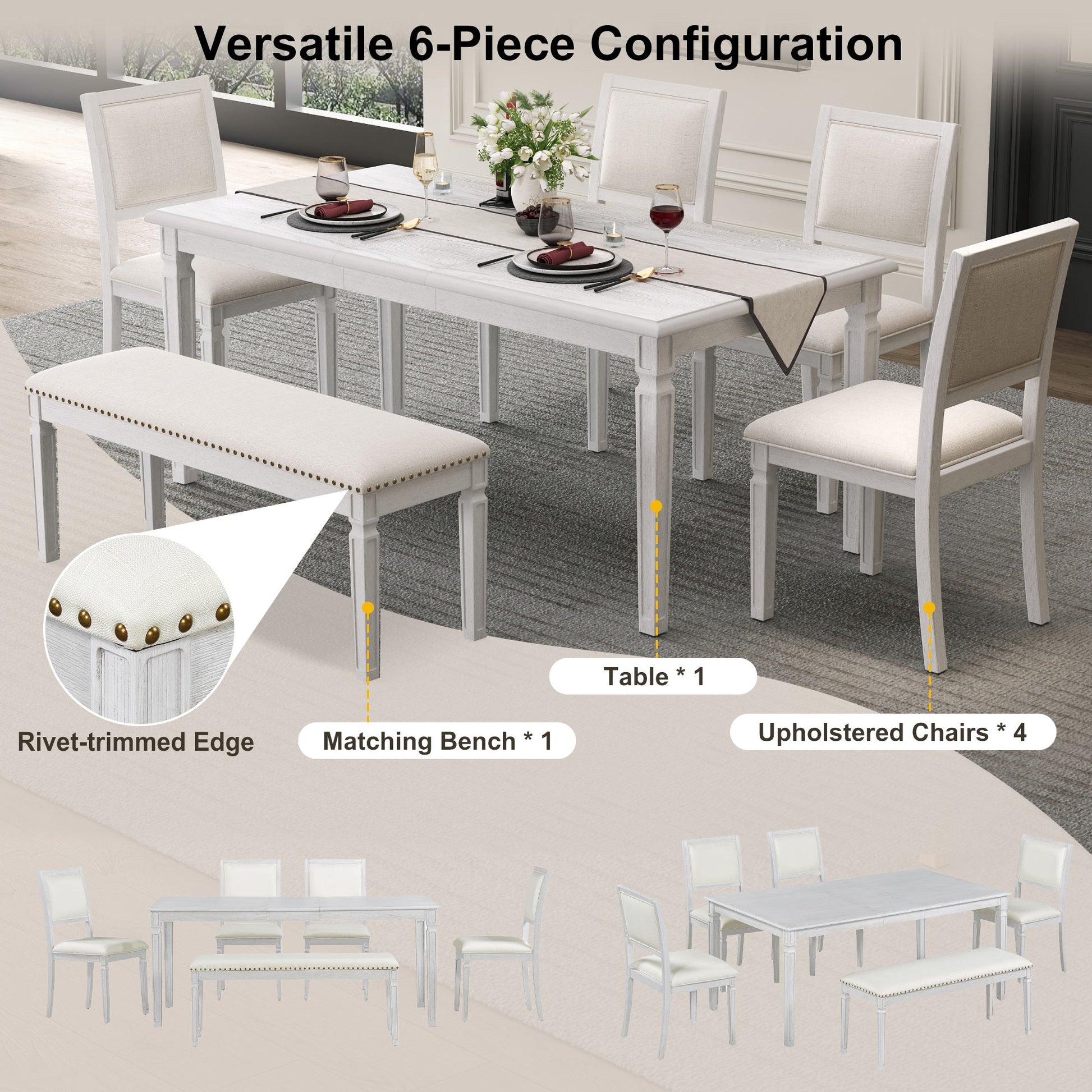 TREXM Vintage Extendable Dining Table Set for 6 with 4 Chairs & Bench, 59 to 72 - Inch Rustic Farmhouse Kitchen Table Set with Distressed Finish and Retro Carved Legs (Washed White) - 1st Choice Furniture Direct