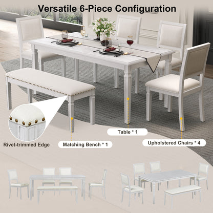 TREXM Vintage Extendable Dining Table Set for 6 with 4 Chairs & Bench, 59 to 72 - Inch Rustic Farmhouse Kitchen Table Set with Distressed Finish and Retro Carved Legs (Washed White) - 1st Choice Furniture Direct