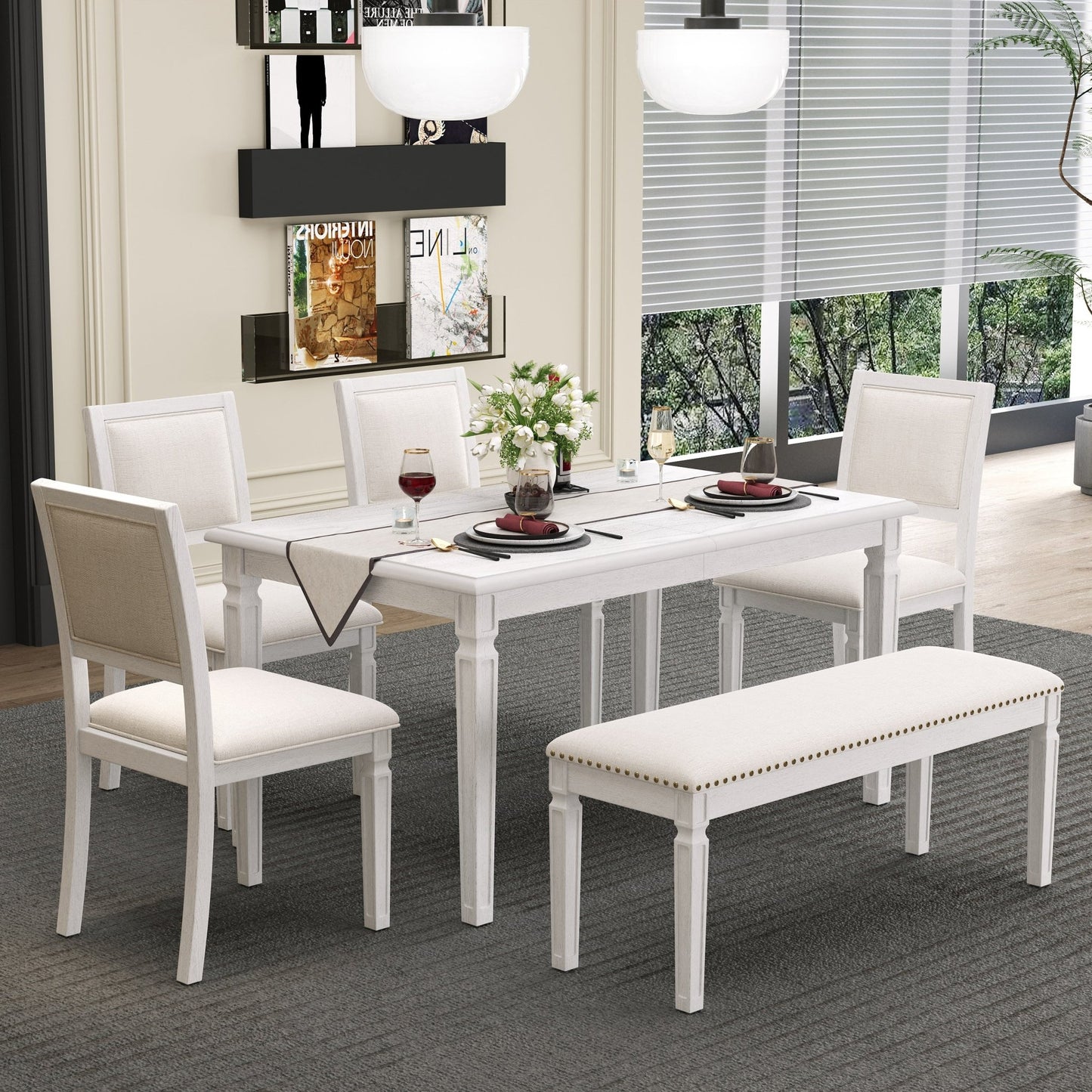 TREXM Vintage Extendable Dining Table Set for 6 with 4 Chairs & Bench, 59 to 72 - Inch Rustic Farmhouse Kitchen Table Set with Distressed Finish and Retro Carved Legs (Washed White) - 1st Choice Furniture Direct