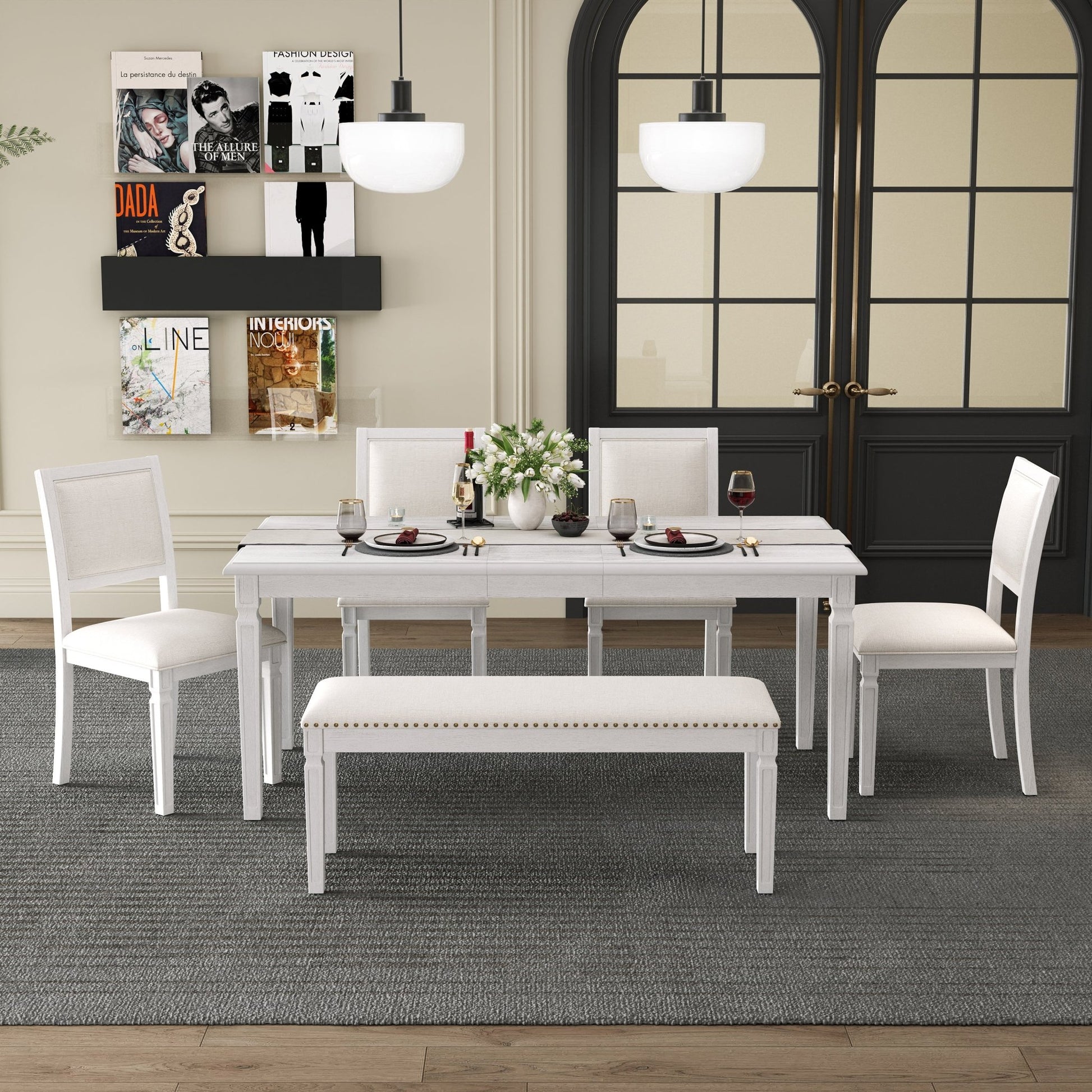 TREXM Vintage Extendable Dining Table Set for 6 with 4 Chairs & Bench, 59 to 72 - Inch Rustic Farmhouse Kitchen Table Set with Distressed Finish and Retro Carved Legs (Washed White) - 1st Choice Furniture Direct