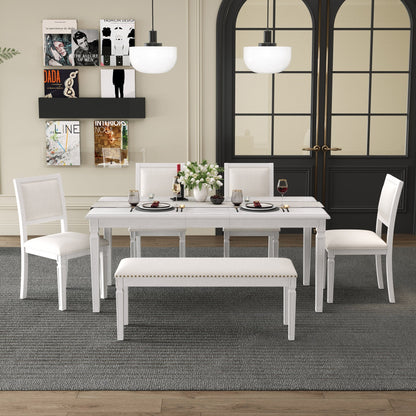 TREXM Vintage Extendable Dining Table Set for 6 with 4 Chairs & Bench, 59 to 72 - Inch Rustic Farmhouse Kitchen Table Set with Distressed Finish and Retro Carved Legs (Washed White) - 1st Choice Furniture Direct